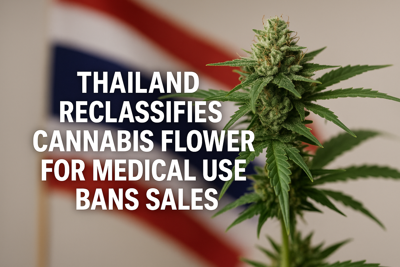 Close-up of cannabis flower in front of Thai flag, symbolizing medical-only use regulation in Thailand