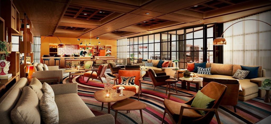 Apt 101 vintage-style interior with mid-century modern furniture and retro lighting