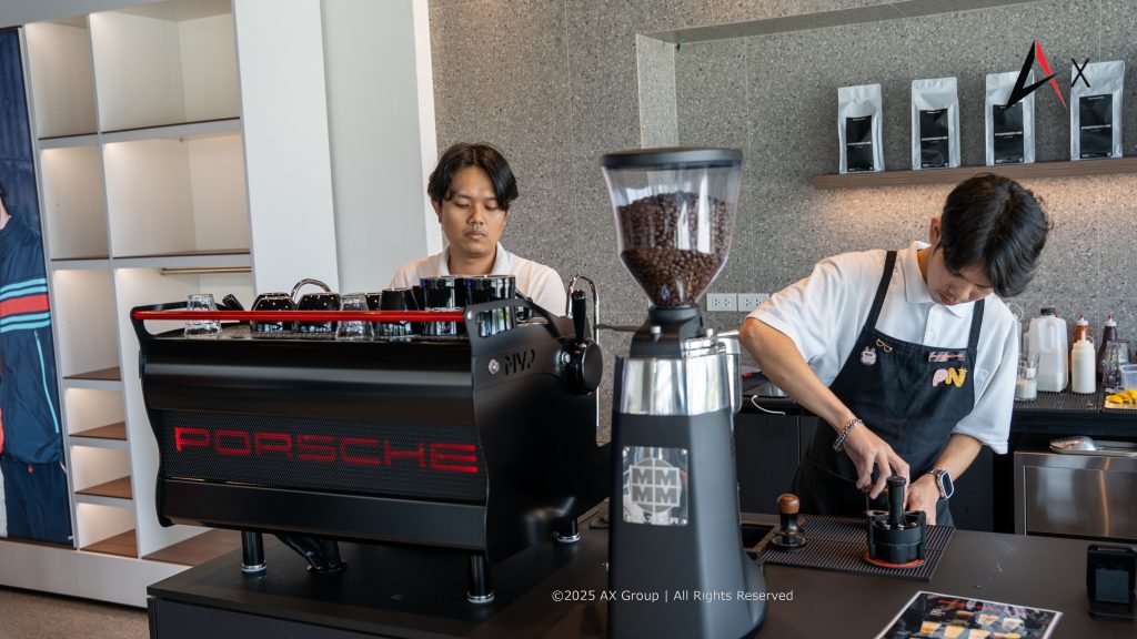 "Back to School Café inside Porsche Centre Pattaya, serving the exclusive 911 roast coffee blend."