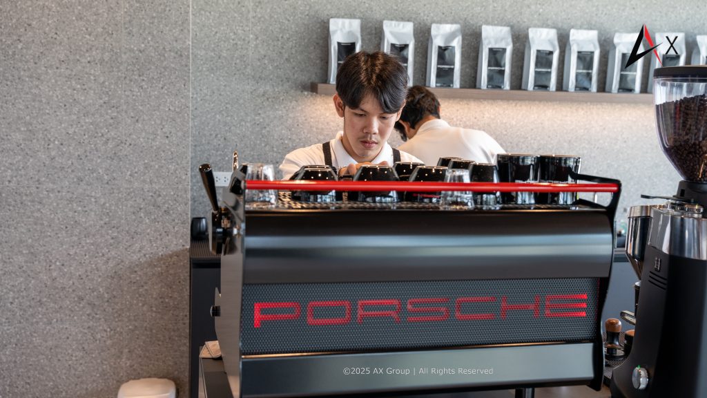 "Back to School Café inside Porsche Centre Pattaya, serving the exclusive 911 roast coffee blend."