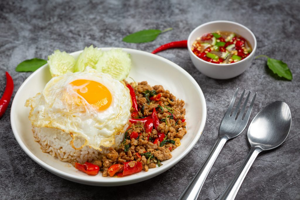 Phad Kraphao with minced pork, Thai basil, and fried egg on rice