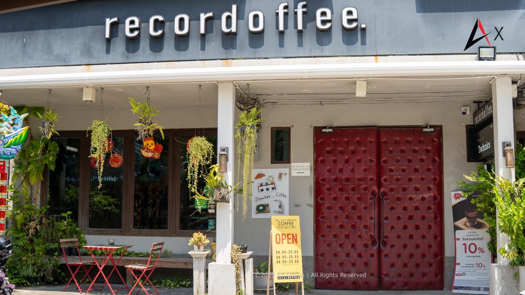 Exterior of Recordoffee Bangkok, Talat Noi shopfront with café signage