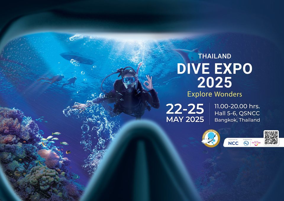 “Thailand Dive Expo 2025 event at QSNCC Bangkok, showing dive booths, attendees, and live demonstrations on the show floor