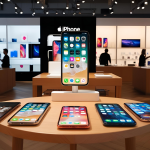 iPhone displayed in a retail store, subject to potential price increase due to proposed 12% tariff on China-made devices